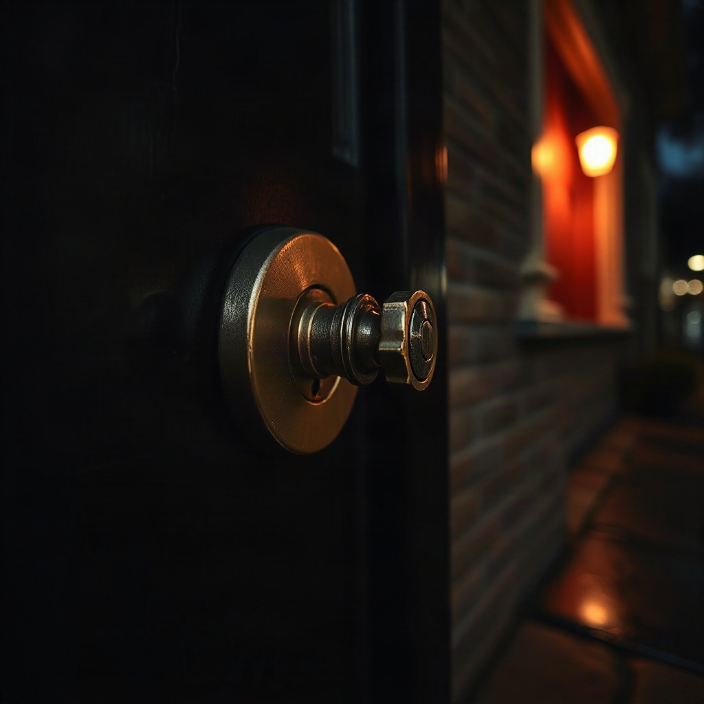 Brass deadbolt on a dark door at dusk