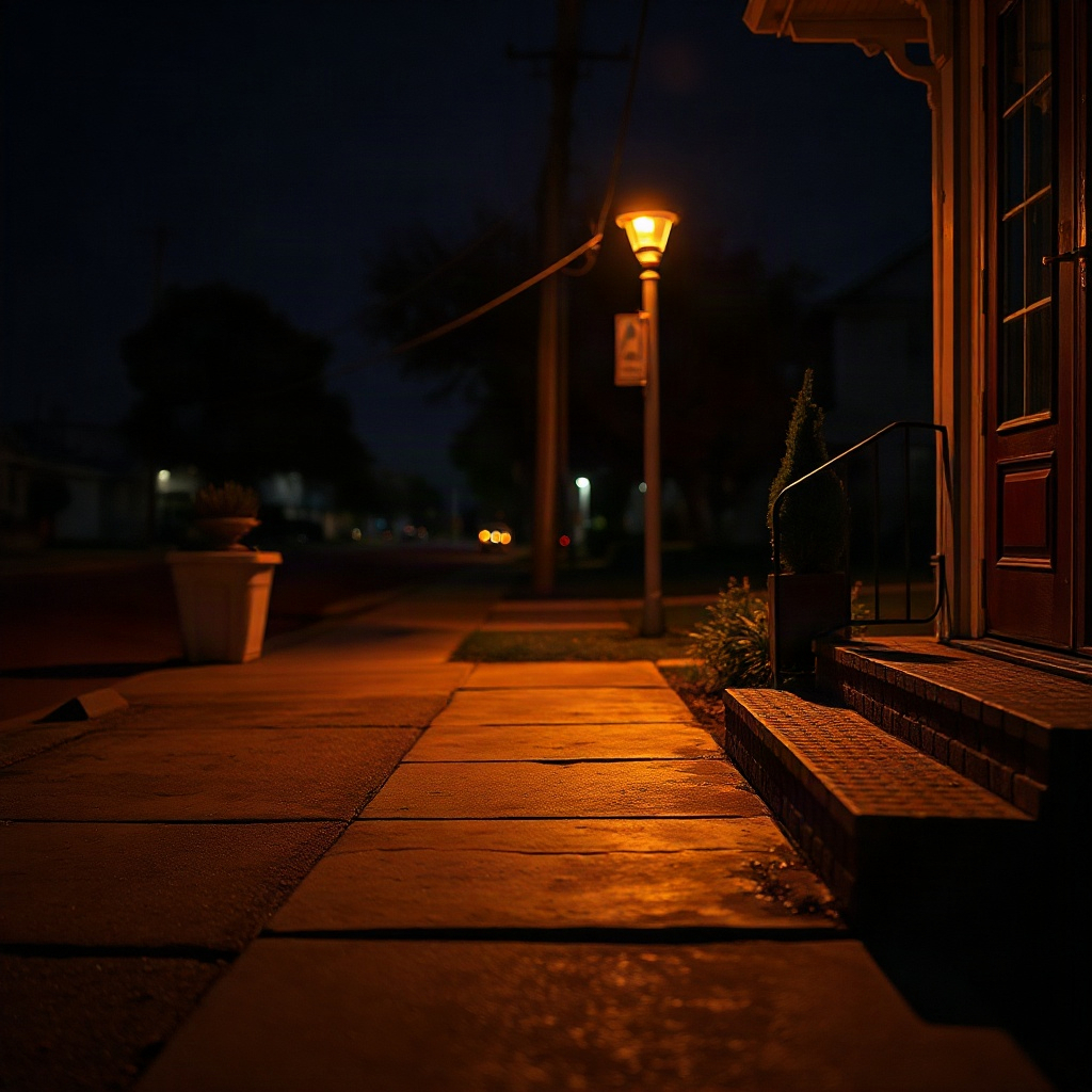Empty evening sidewalk receding from a stoop