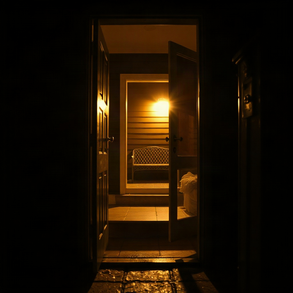 Looking out through a doorway onto a dim stoop
