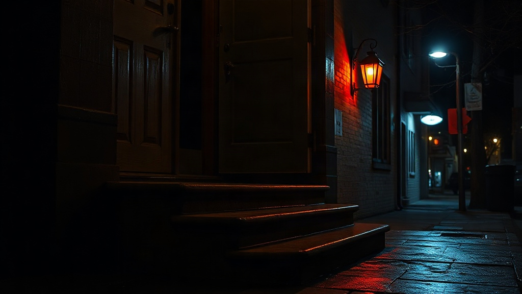 Evening stoop and a closed front door under a porch light